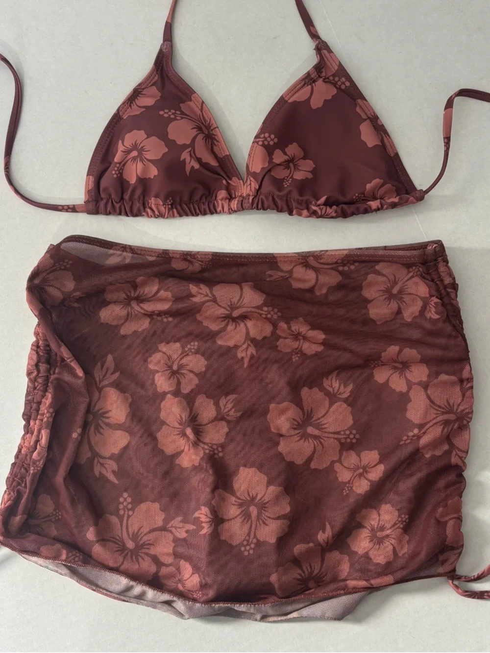 3-Piece Brown Floral Bikini Set + Adjustable Mesh Skirt – Size Small ✨ - Picture 4 of 5
